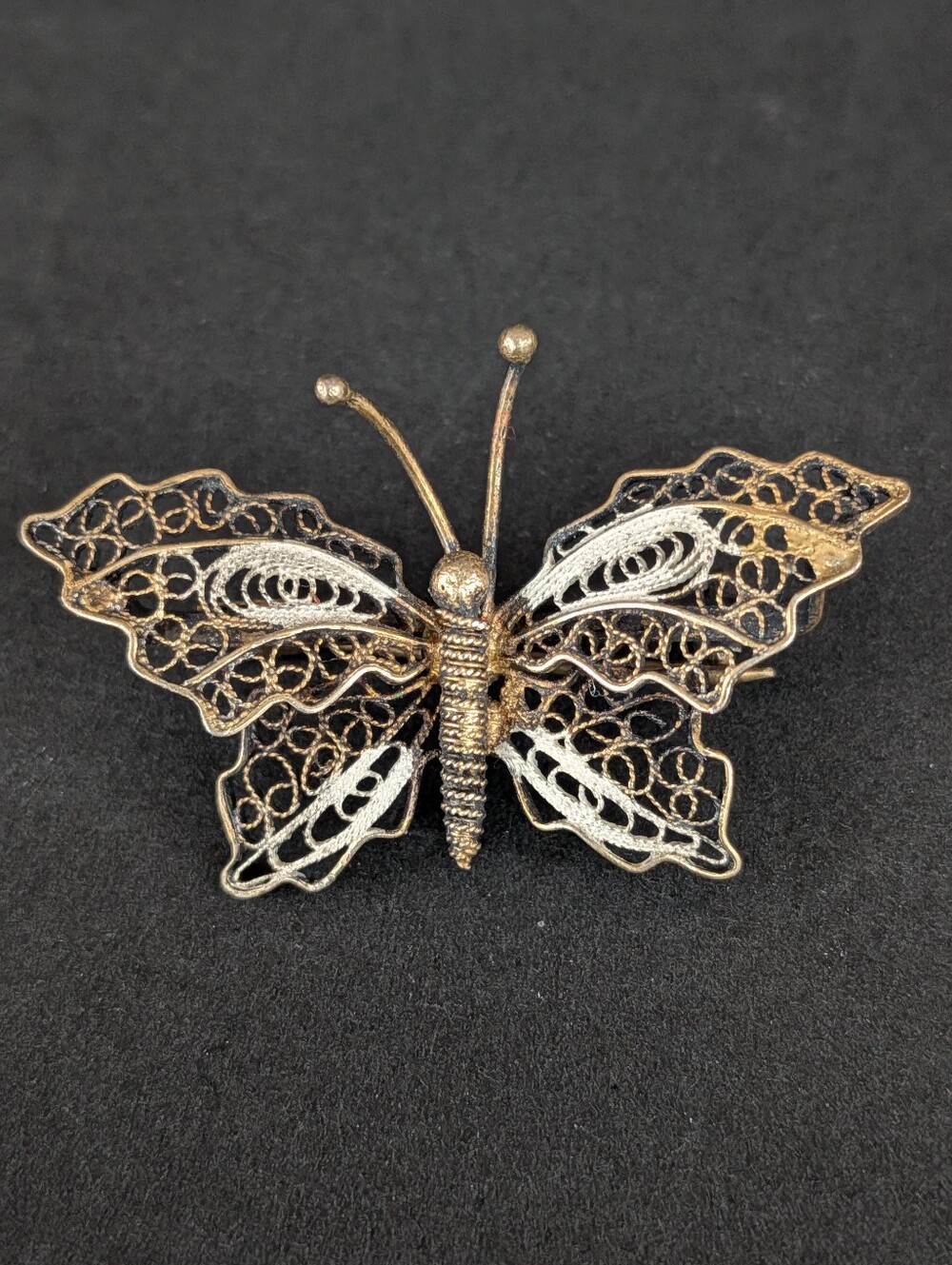 Vintage Silver And Gold Toned Filigree Butterfly Pin/ Brooch